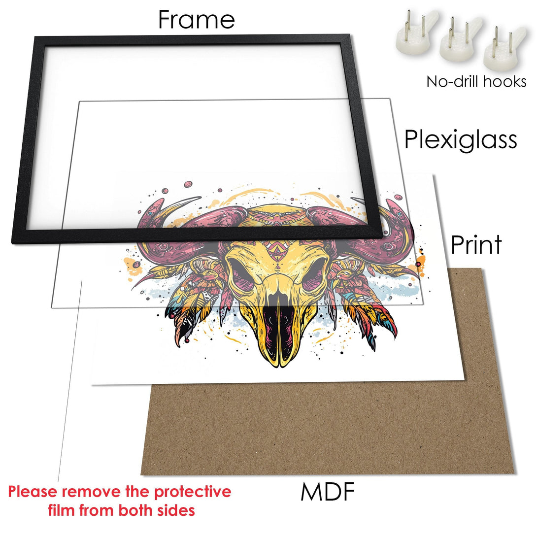 Framed Poster featuring a colorful skull illustration. Artistic style with a vibrant palette of yellow, red, and blue. Perfect wall art!