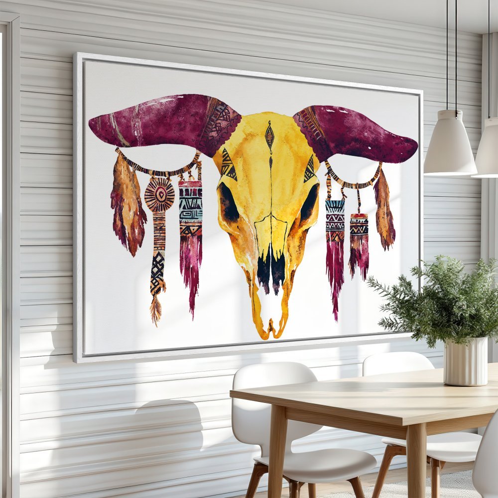 Watercolor Canvas Print of a bull skull in a boho style, featuring a warm yellow, burgundy, and brown color palette. Perfect wall decor!