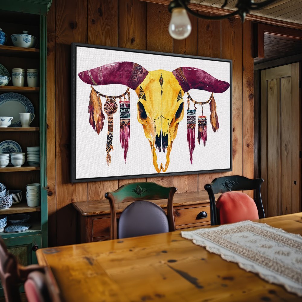 Framed Wall Art: Watercolor skull print in yellow and purple, adds a rustic, boho touch to your home decor. Shop now!