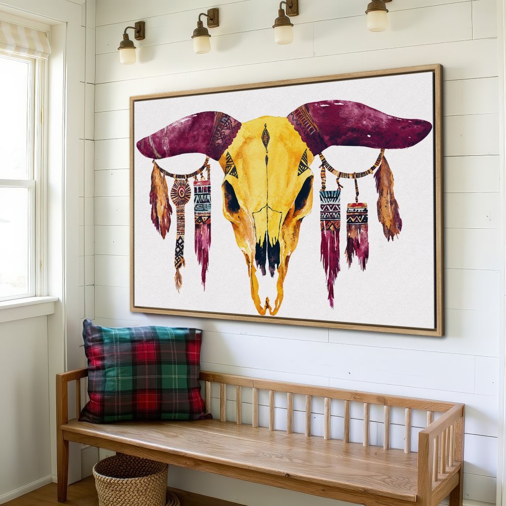 Watercolor Canvas Print of a boho skull with yellow, burgundy, and neutral tones. Perfect for rustic wall decor.