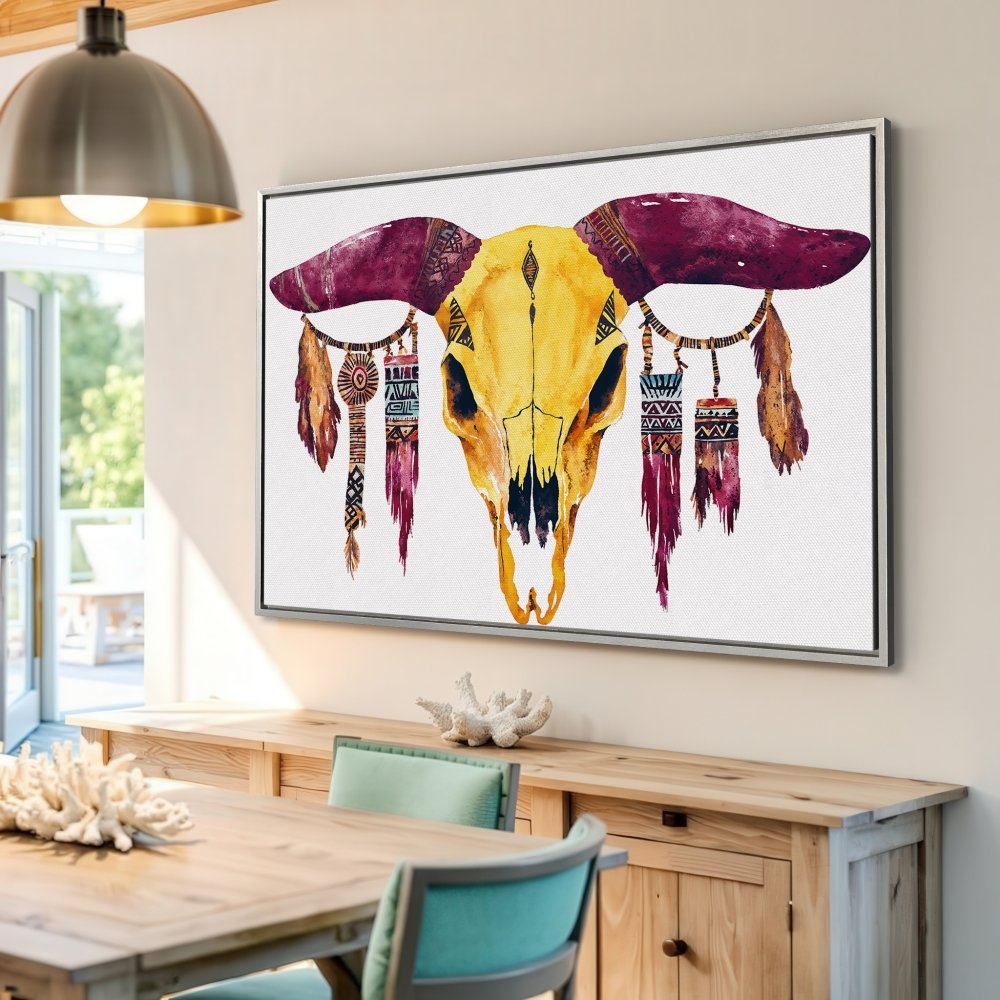 Watercolor Canvas Print: Boho skull art in yellow, burgundy, and tribal details. Add unique style to your home!