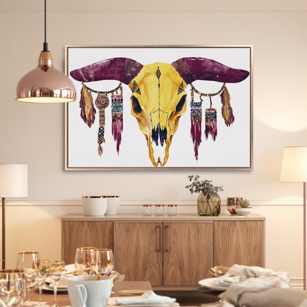 Framed Wall Art: Watercolor bull skull canvas print in boho style, featuring yellow, purple, and neutral tones. Perfect for adding a touch of southwestern flair.