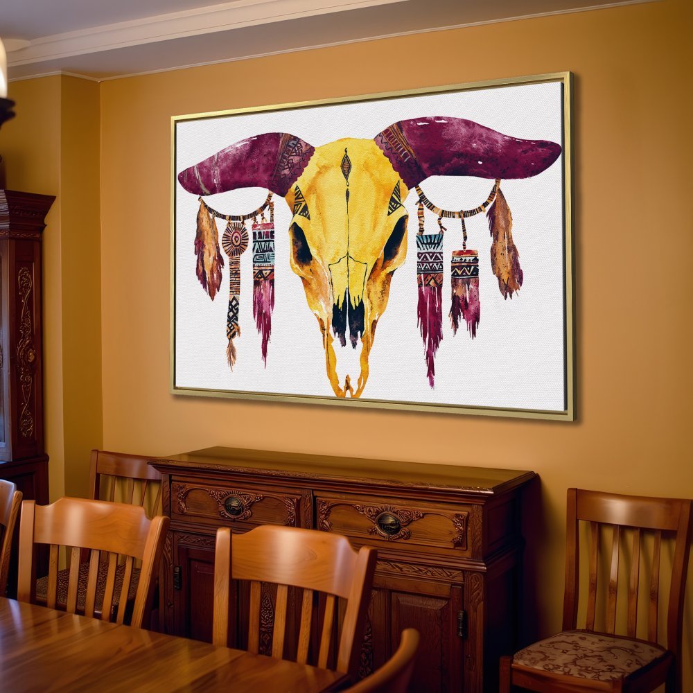 Canvas Print of a watercolor boho skull art, featuring yellow, burgundy, and brown tones, perfect for living room decor.