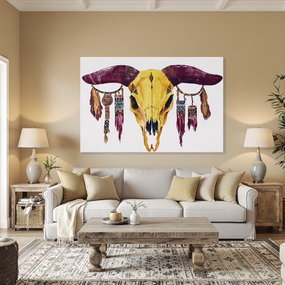 Framed Wall Art: Watercolor bull skull print in warm yellow, burgundy, and brown tones. Boho style canvas art for your home.