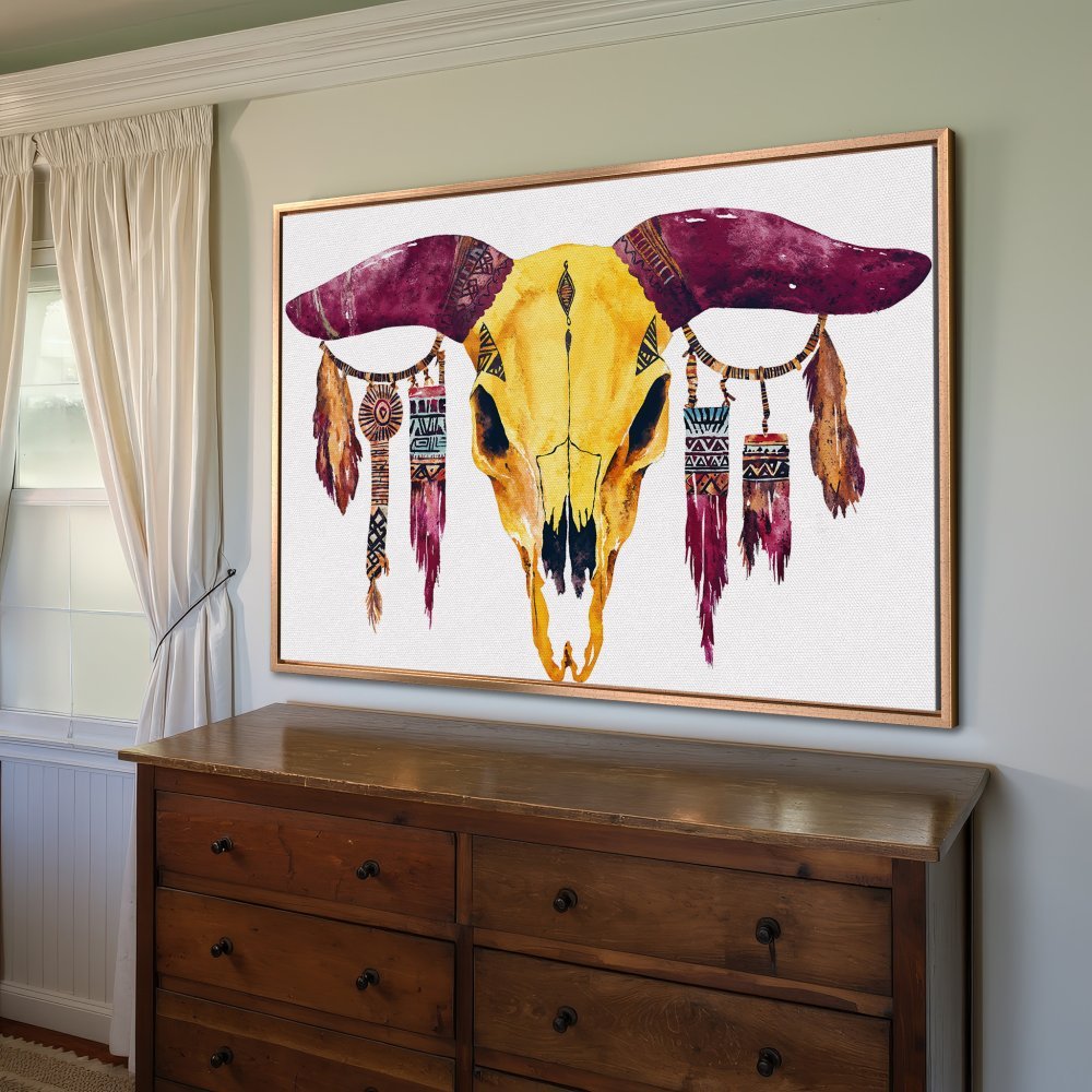 Framed Wall Art: Watercolor bull skull print in boho style, featuring yellow, burgundy, and neutral tones. Perfect for rustic decor!