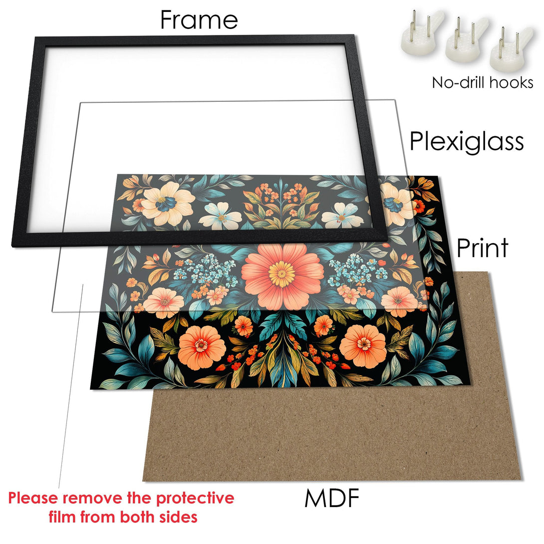 Framed Poster with floral design in a black frame. Features a vibrant color palette of orange, teal, and black. Perfect wall art!