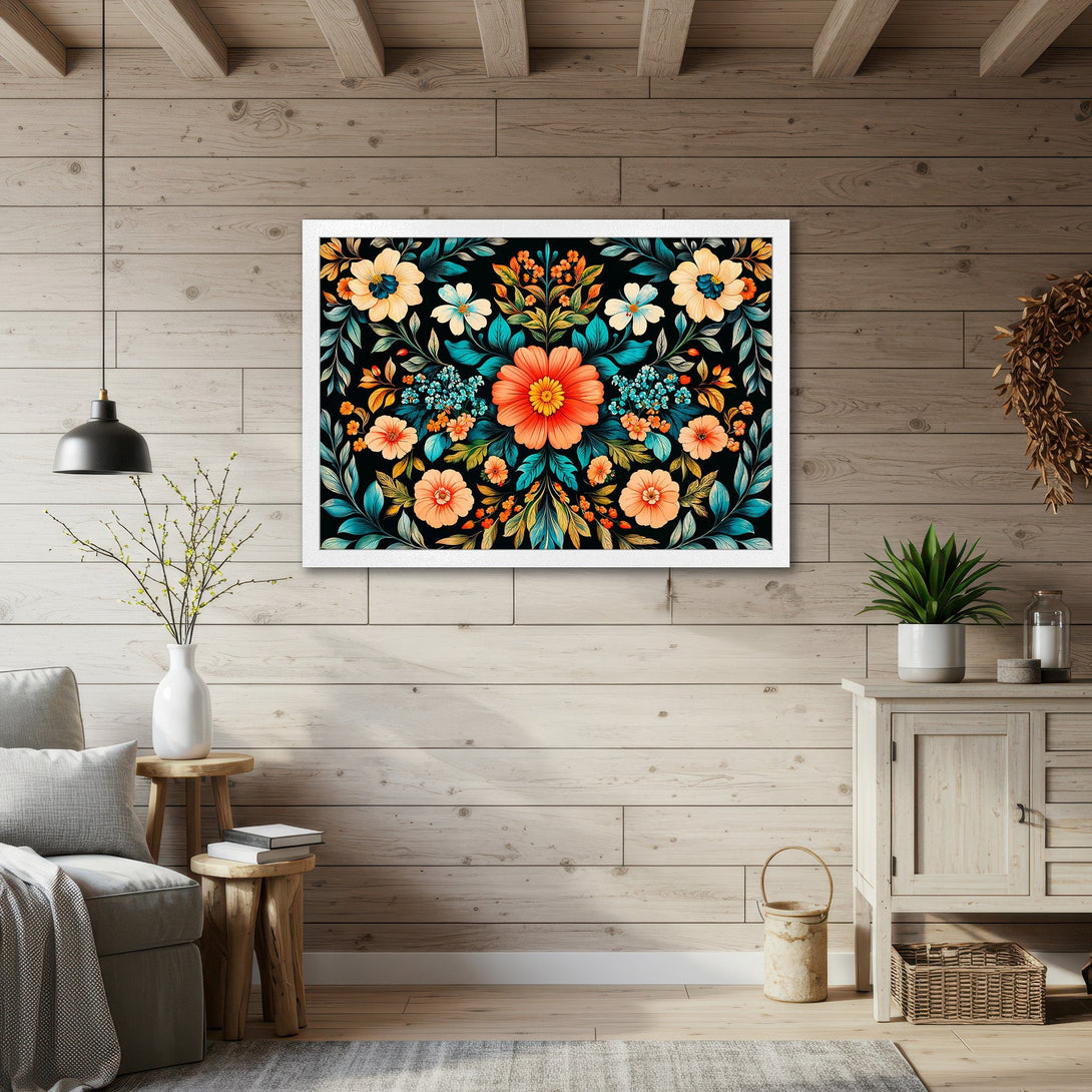 Framed Poster featuring a vibrant floral design. Botanical art in a modern style with a black background and a colorful palette of orange, teal, and yellow.
