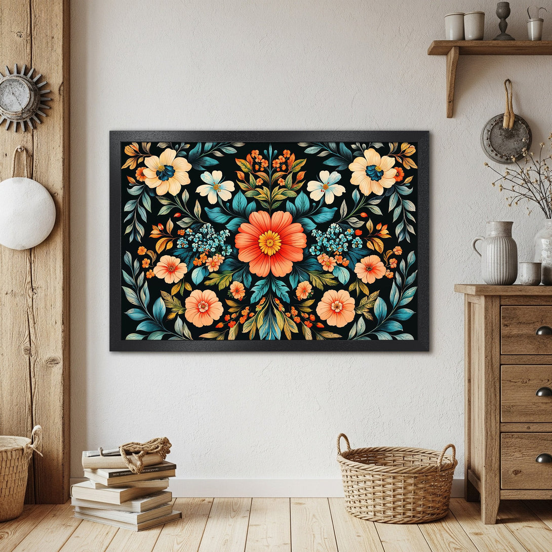 Framed Poster featuring a vibrant floral design with orange, teal, and black color palette. Perfect wall art for any room.