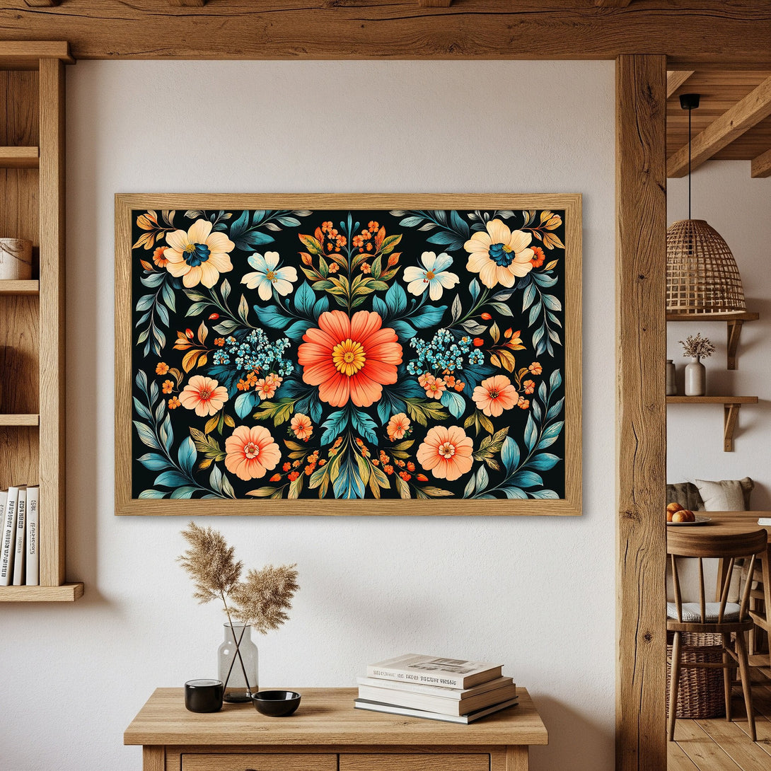 Framed Poster featuring vibrant floral design in a botanical style with a black background, showcasing a warm color palette of orange, teal, and yellow.
