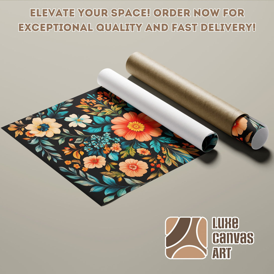 Floral Poster Roll with vibrant colors and black background. Perfect wall art.