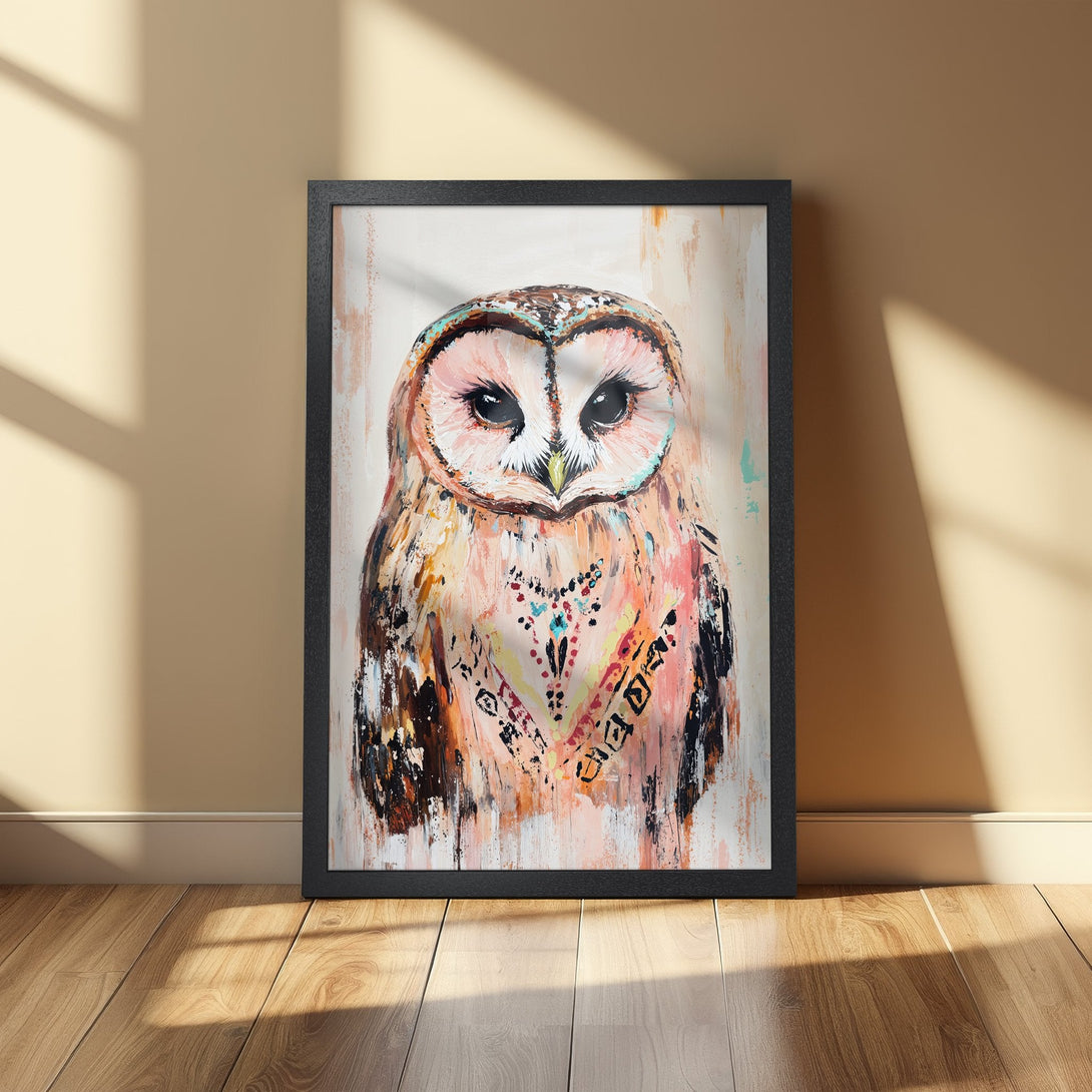 Framed Poster featuring an owl in a vibrant, abstract style with a warm, earthy color palette. Perfect wall art!