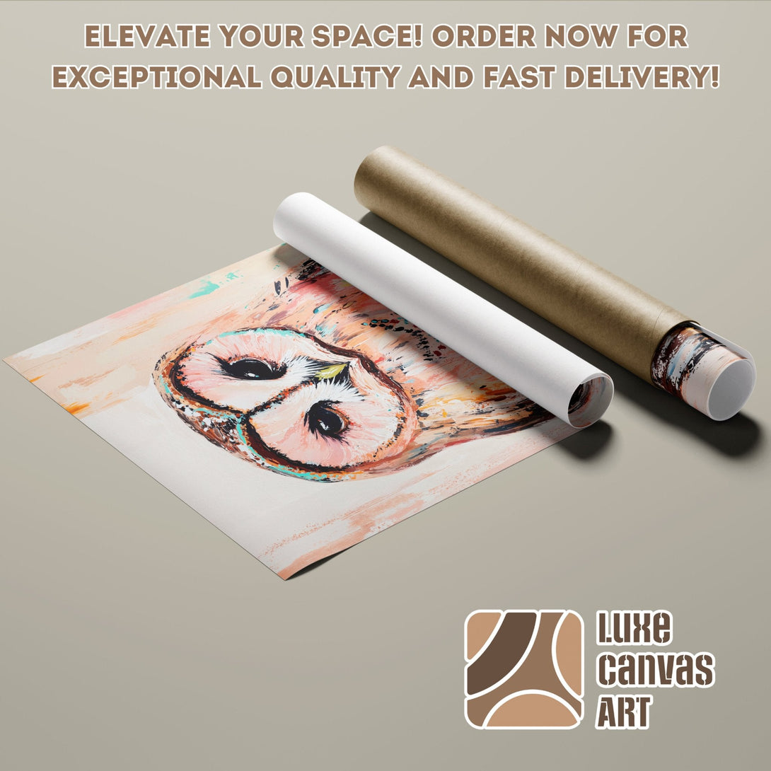 Owl art Poster Roll, abstract style, warm color palette. Elevate your space with this unique artwork! Fast delivery.