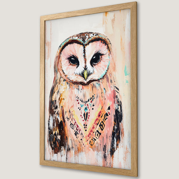 Framed Poster of an owl in an abstract style, featuring a warm color palette of pinks, oranges, and browns. Perfect wall art!