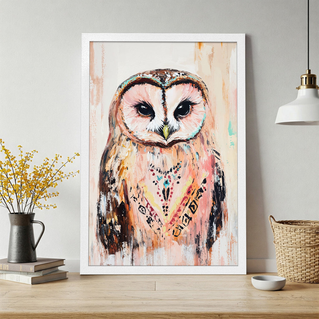 Framed Poster featuring a vibrant owl painting in abstract style with a warm, earthy color palette. Perfect for adding art to your home!