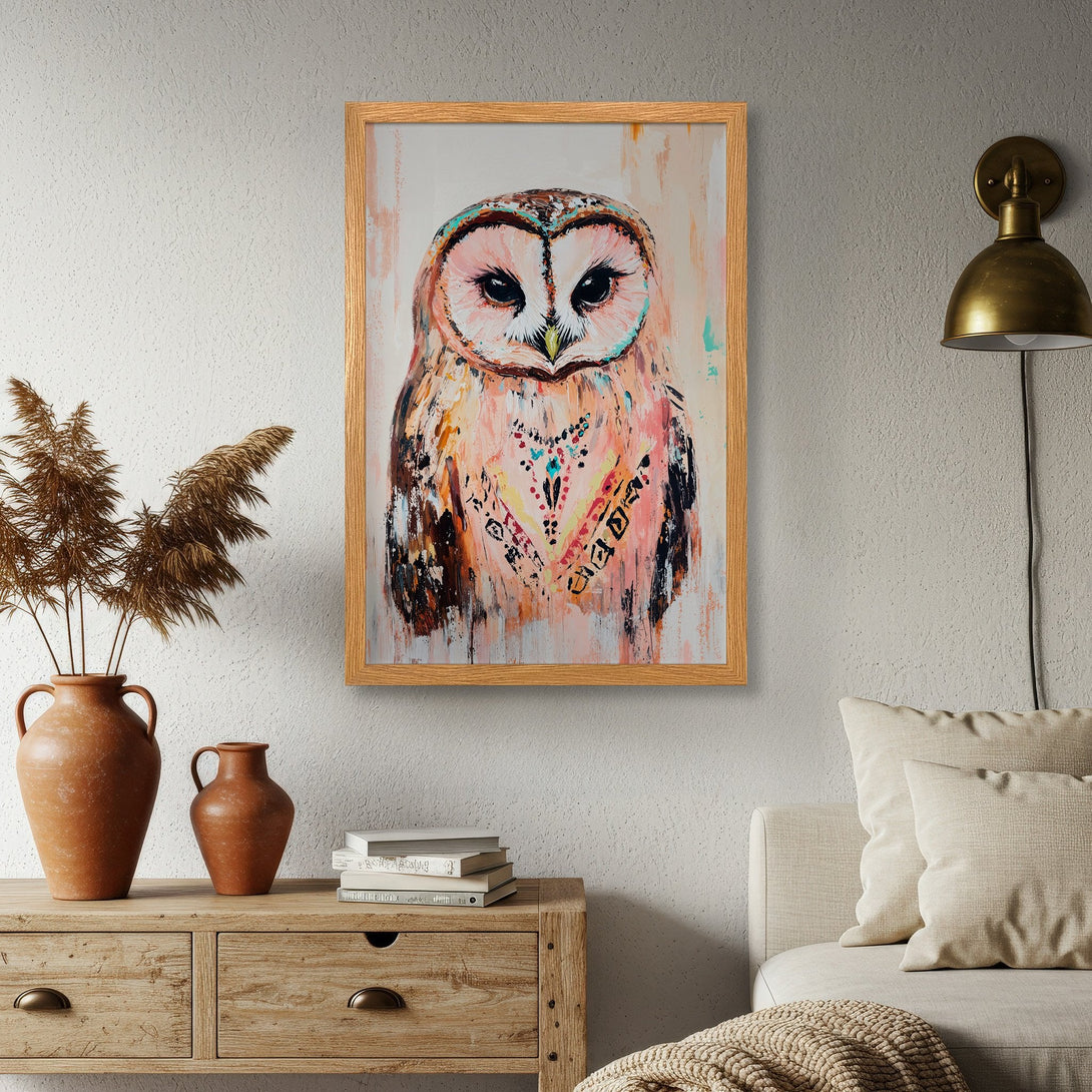 Framed Poster of a colorful owl in a boho style, with a warm, earthy color palette. Perfect wall art for your home!