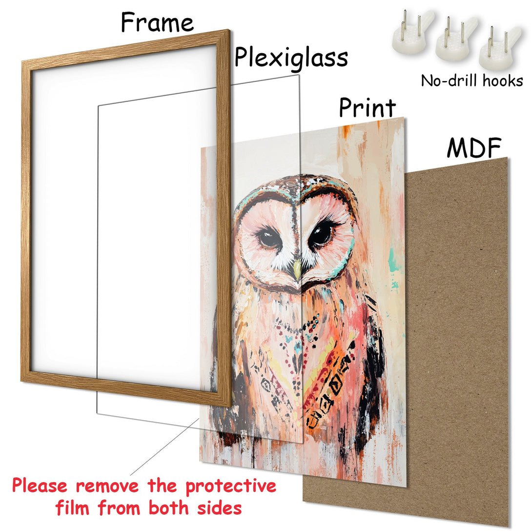Framed Poster of an owl in an abstract style, featuring a warm color palette of oranges, pinks, and browns. Ready to hang!