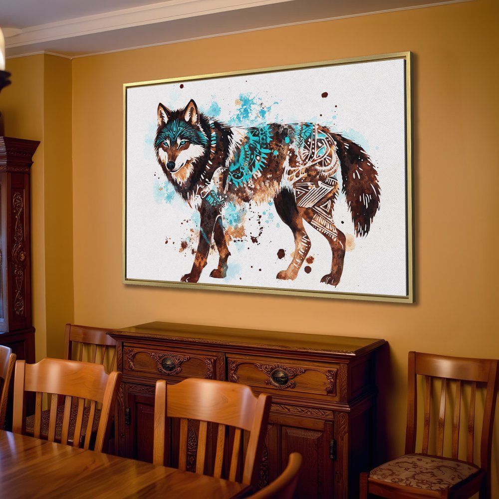 Canvas Print featuring a watercolor wolf in brown, teal, and neutral tones. Perfect for stylish wall decor!