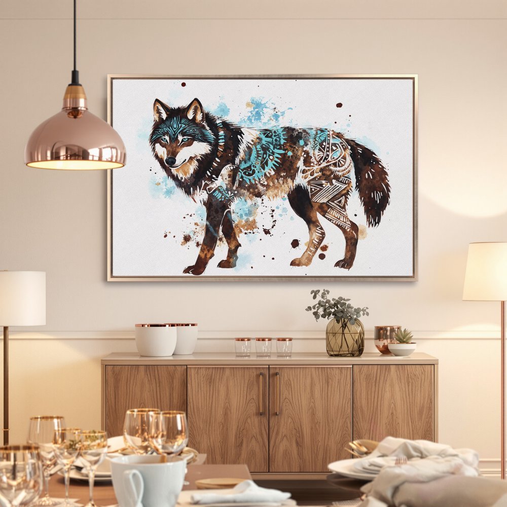 Framed Wall Art: Watercolor wolf print in brown, blue, and white. Stylish animal art for your home decor. Shop now!
