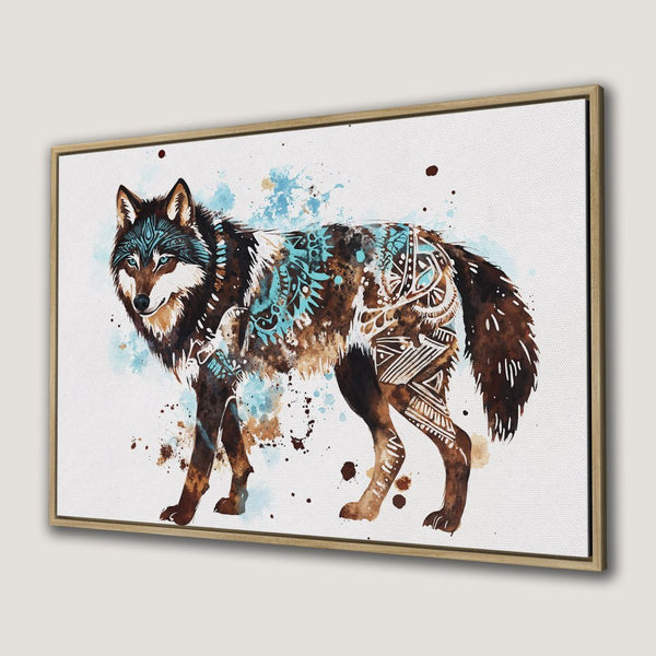 Canvas Print featuring a watercolor wolf with tribal patterns. Earthy tones with pops of turquoise create a stunning piece of wall art.