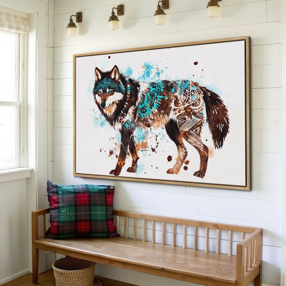 Framed Wall Art: Watercolor wolf print in turquoise, brown, and white. Rustic home decor. Add a touch of nature to your space with this canvas print!