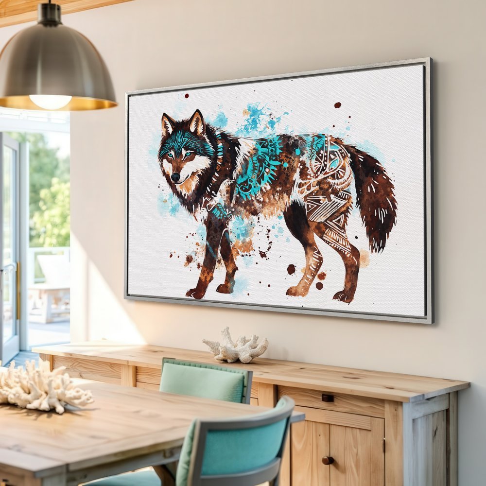 Framed Wall Art featuring a watercolor wolf. Earthy tones with turquoise accents. Perfect for adding a touch of nature and style to your home.