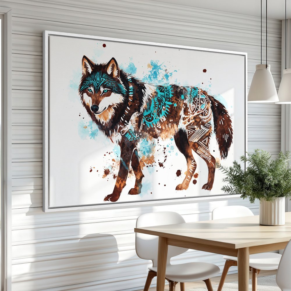 Framed Wall Art: Watercolor wolf print in brown, turquoise, and white. Add a touch of nature and style to your space!