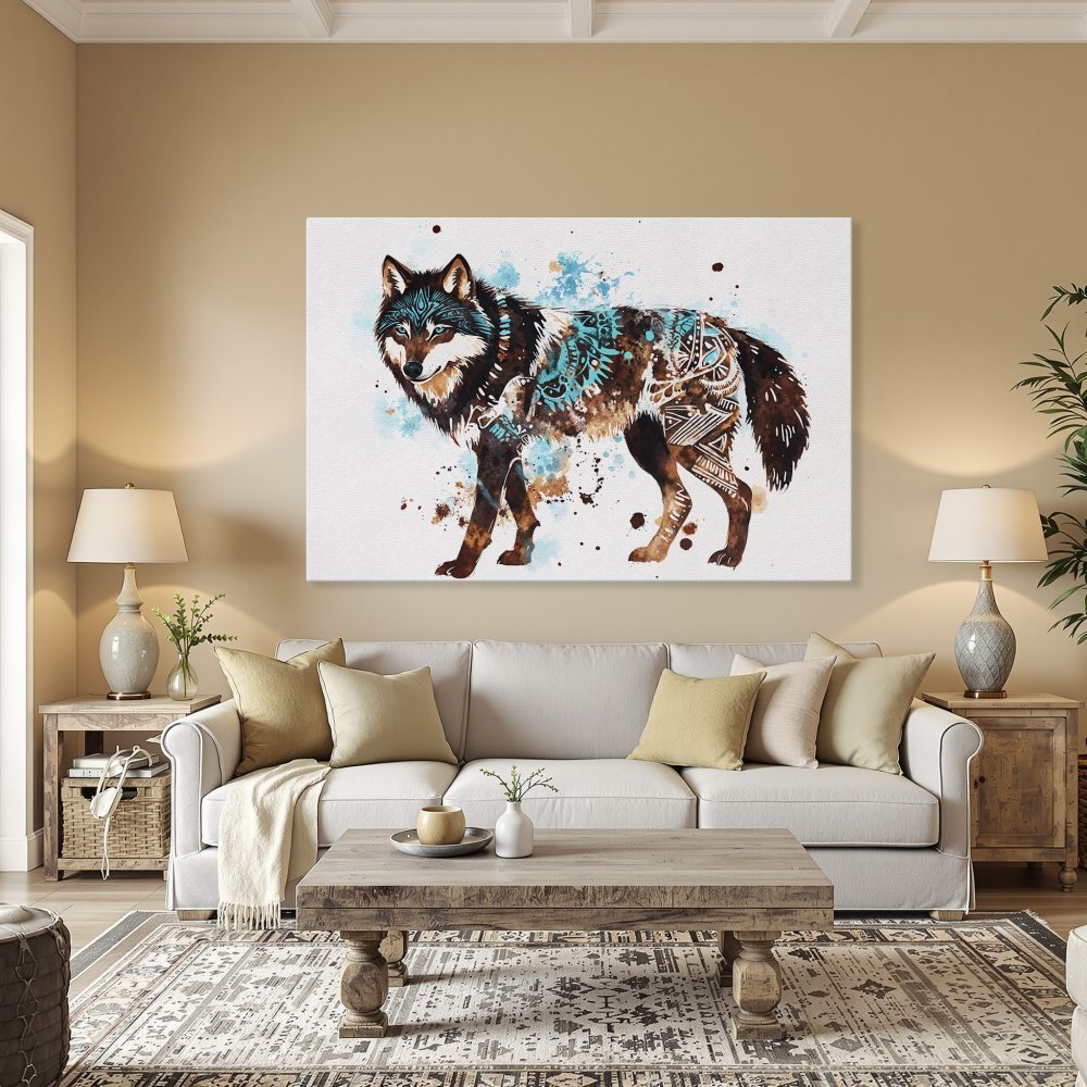 Framed Wall Art: Watercolor wolf print with turquoise and brown accents. Add a touch of nature to your home decor!