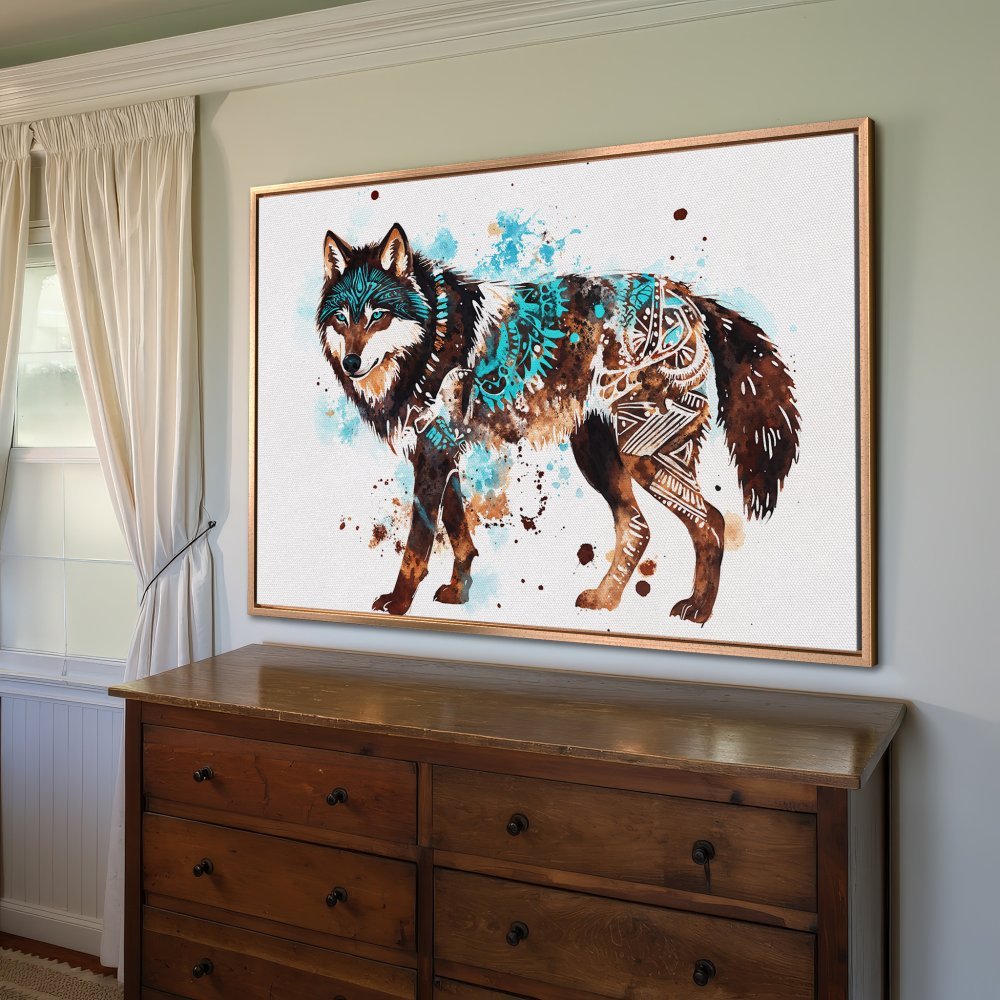 Framed Wall Art: Watercolor wolf print in brown, turquoise, and white. Add a touch of nature and style to your home!