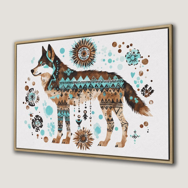 Canvas Print of a watercolor wolf with tribal patterns. Earthy brown, turquoise & white palette. Perfect for boho decor.