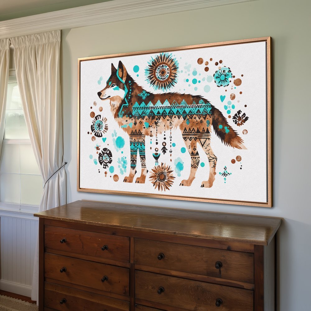 Framed Wall Art: Watercolor wolf print with tribal patterns in turquoise and brown. Perfect for rustic decor!