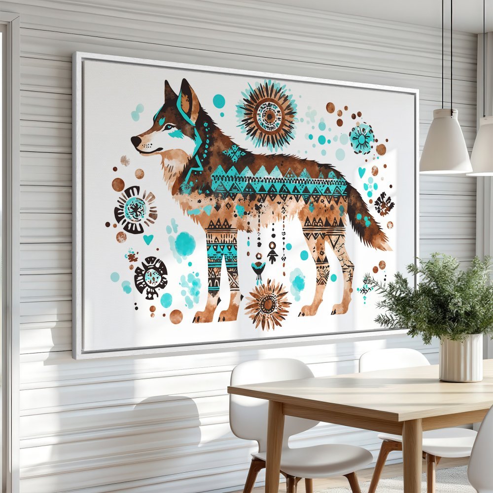 Framed Wall Art: Watercolor wolf print in turquoise and brown. Boho style canvas print for living room or bedroom decor.
