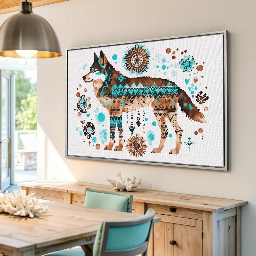 Framed Wall Art: Watercolor wolf in tribal style, featuring brown, turquoise, and white. Perfect for adding a touch of nature & art to your space!