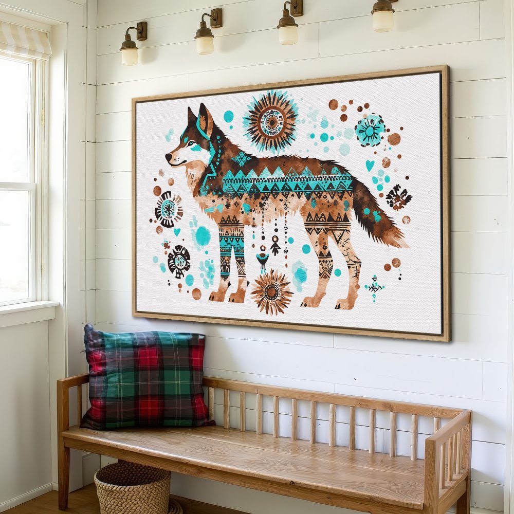 Framed Wall Art: Watercolor wolf print in turquoise and brown tones. Boho style canvas art for home decor.