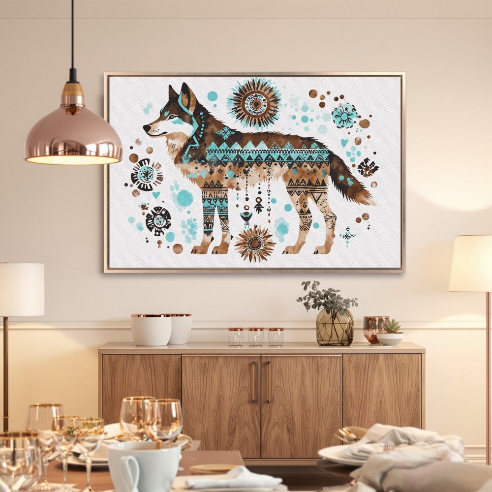 Framed Wall Art: Watercolor wolf print in boho style, featuring brown, turquoise, and gold tones. Perfect for adding a touch of nature to your home decor.