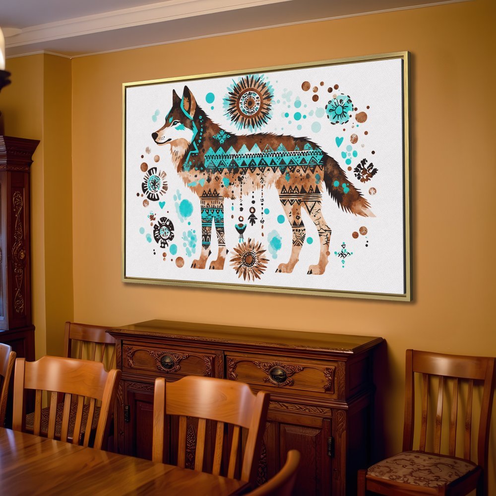 Canvas Print featuring an artistic wolf in turquoise and brown, perfect for boho decor.