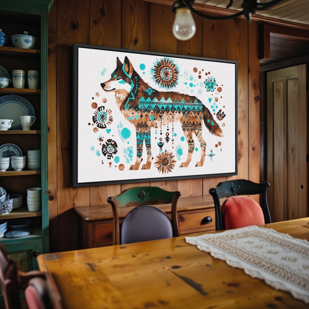 Canvas Print: Tribal wolf art in turquoise & brown, adding rustic charm to your home decor. Shop now for unique wall art!