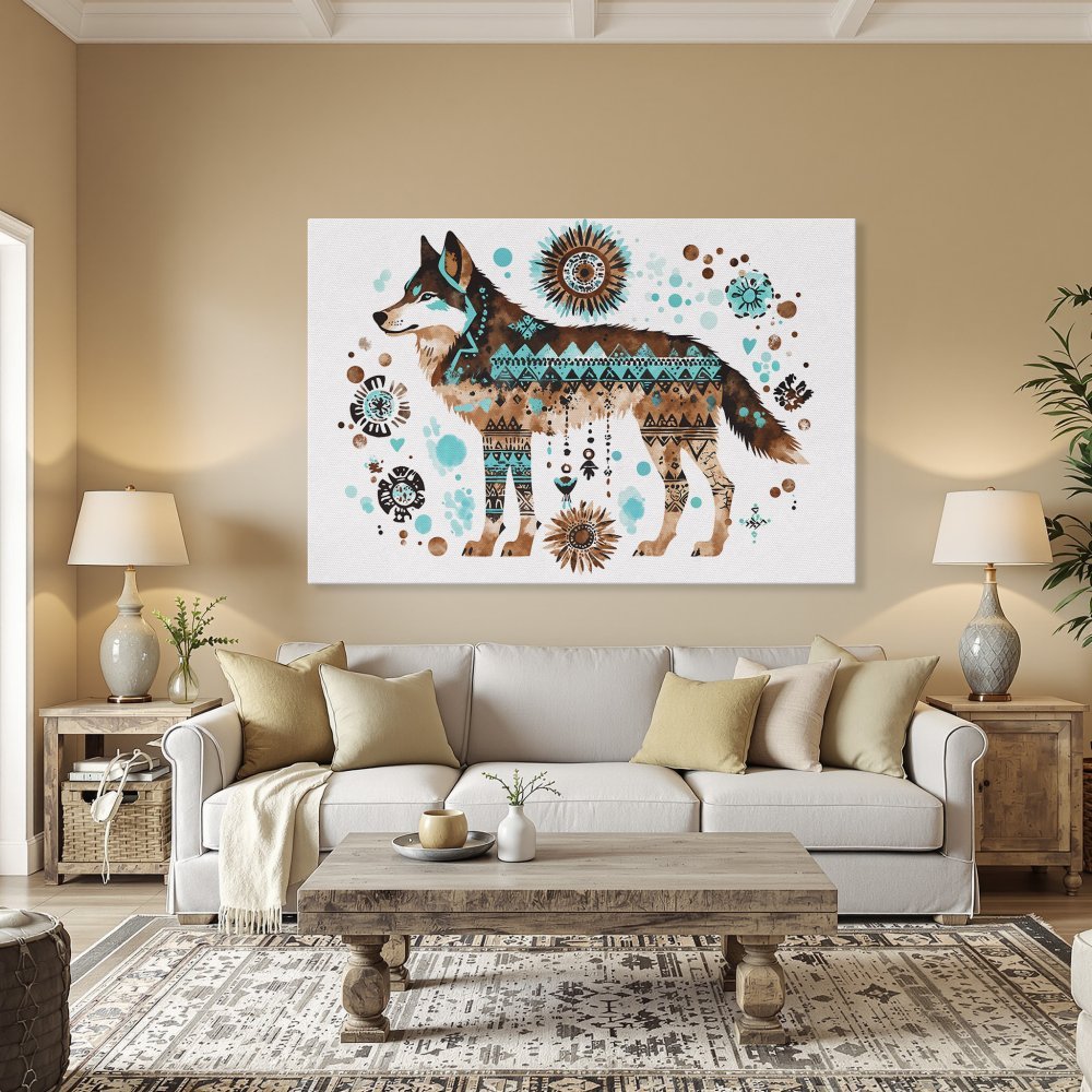 Framed Wall Art: Tribal wolf Canvas Print in turquoise, brown, and gold. Add a touch of bohemian style to your home!