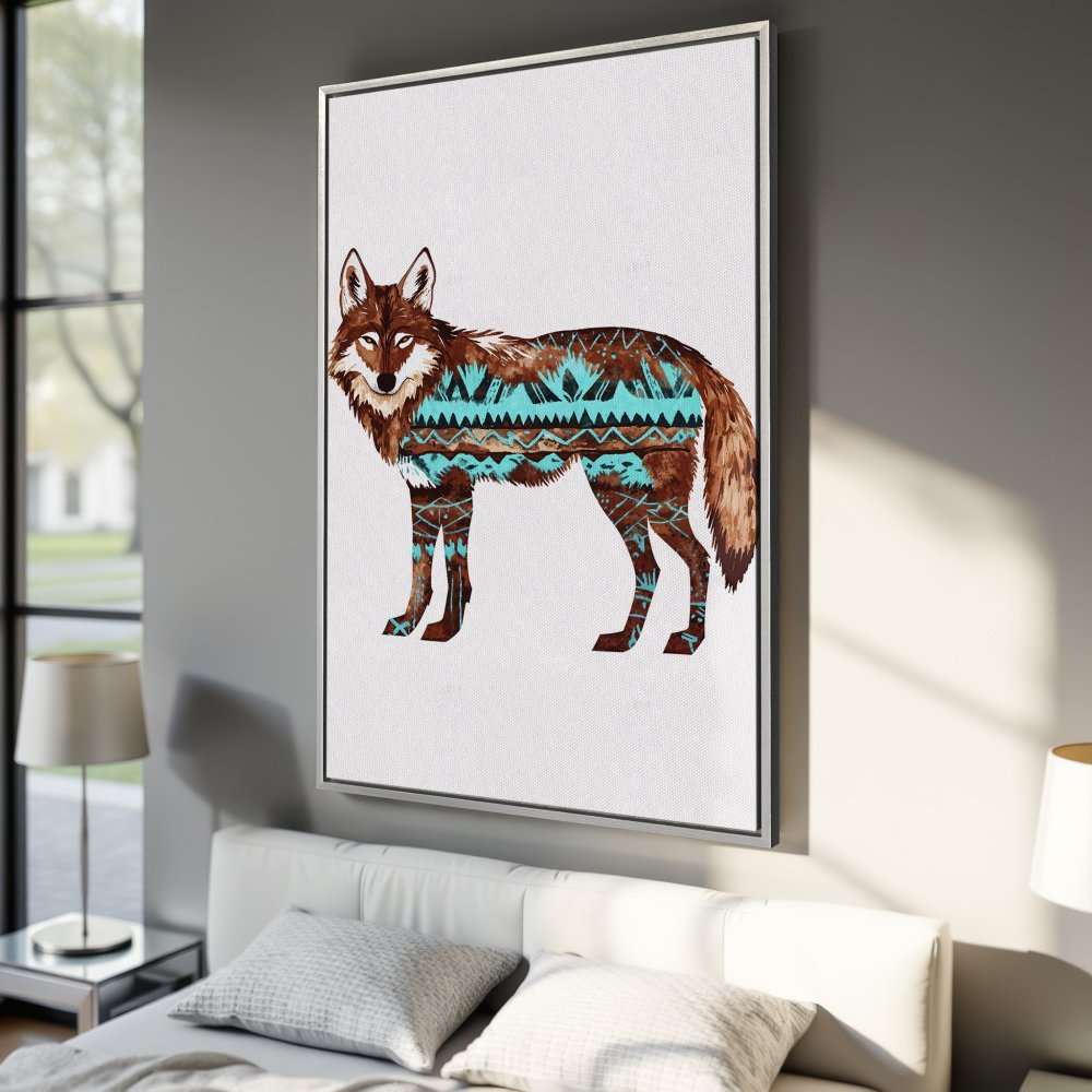 Framed Wall Art: Majestic coyote canvas print in earthy brown and turquoise tones, perfect for adding a touch of nature-inspired style to your home.