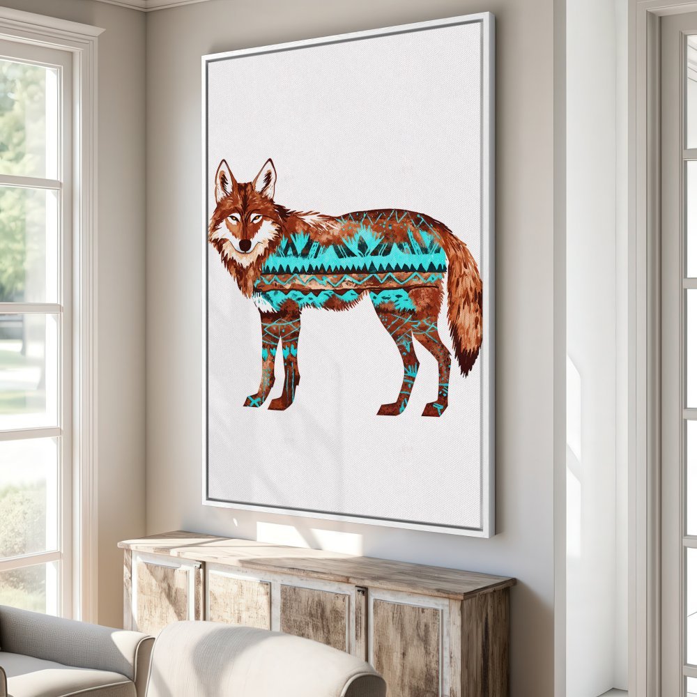 Framed Wall Art: Tribal wolf canvas print in brown & teal. Add a touch of Southwestern style to your home decor!