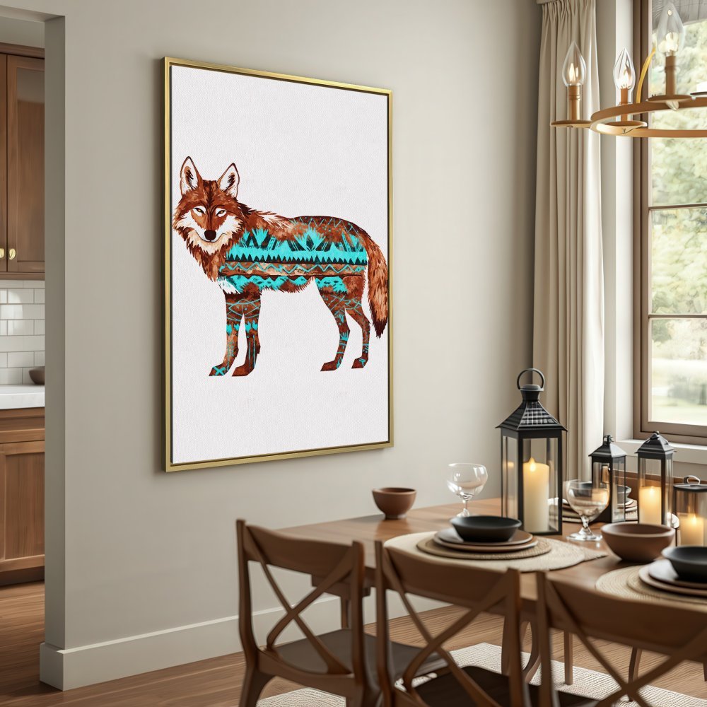 Canvas Print of a stylized wolf with turquoise and brown tribal patterns. Rustic decor, perfect for any room.