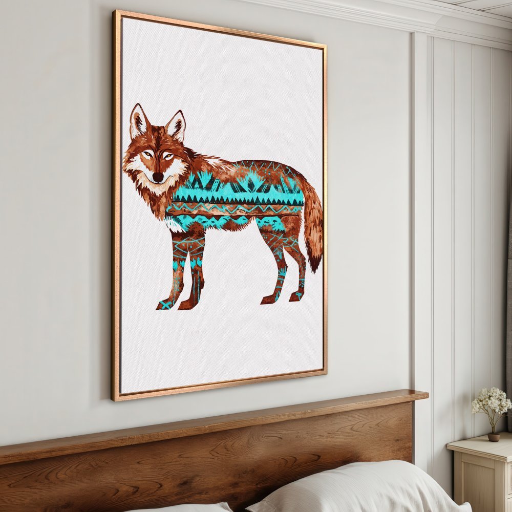 Framed Wall Art: Tribal wolf canvas print in brown and turquoise. Add a touch of boho style to your home decor!