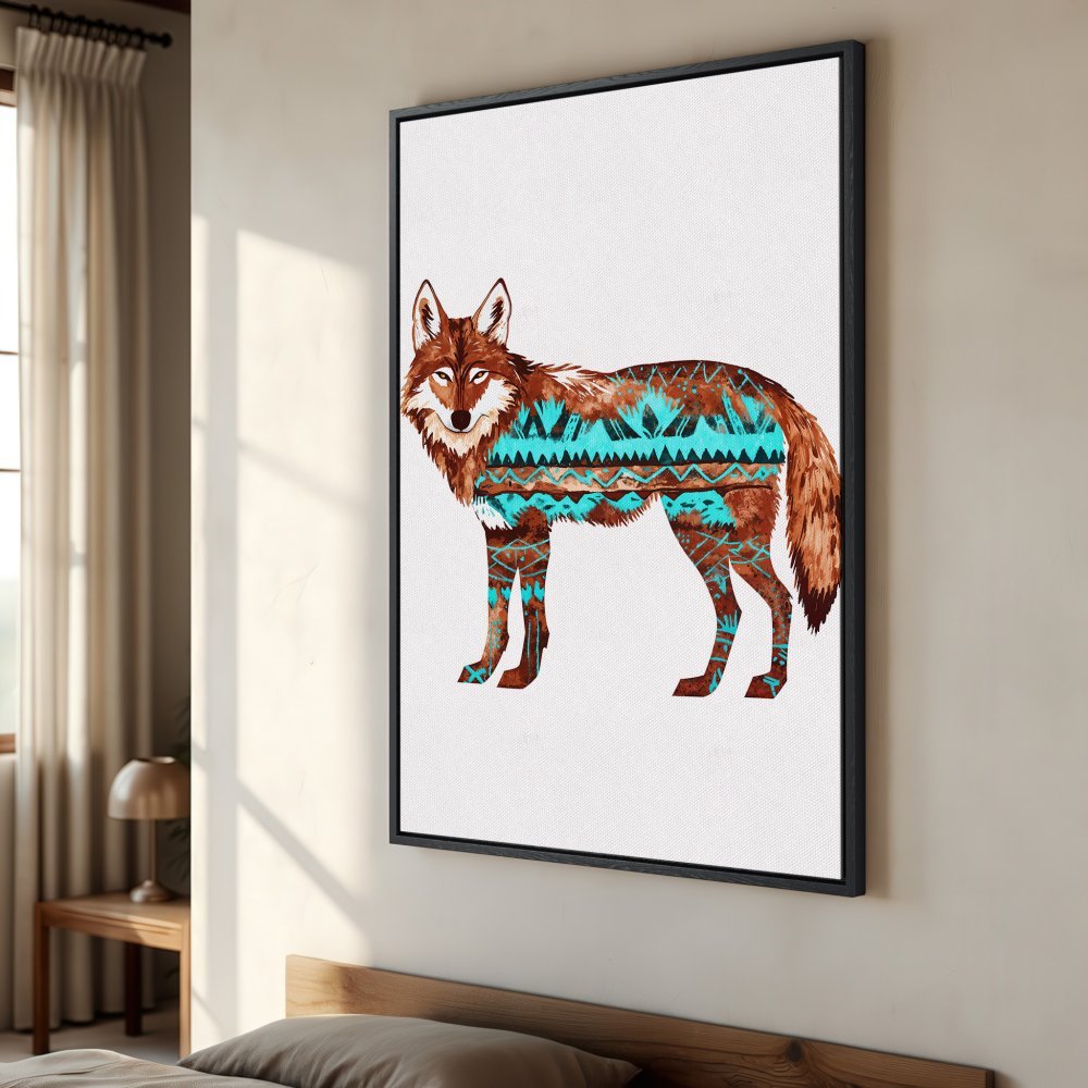 Framed Wall Art: Tribal wolf canvas print in brown & teal. Perfect for rustic or bohemian decor. Shop now!