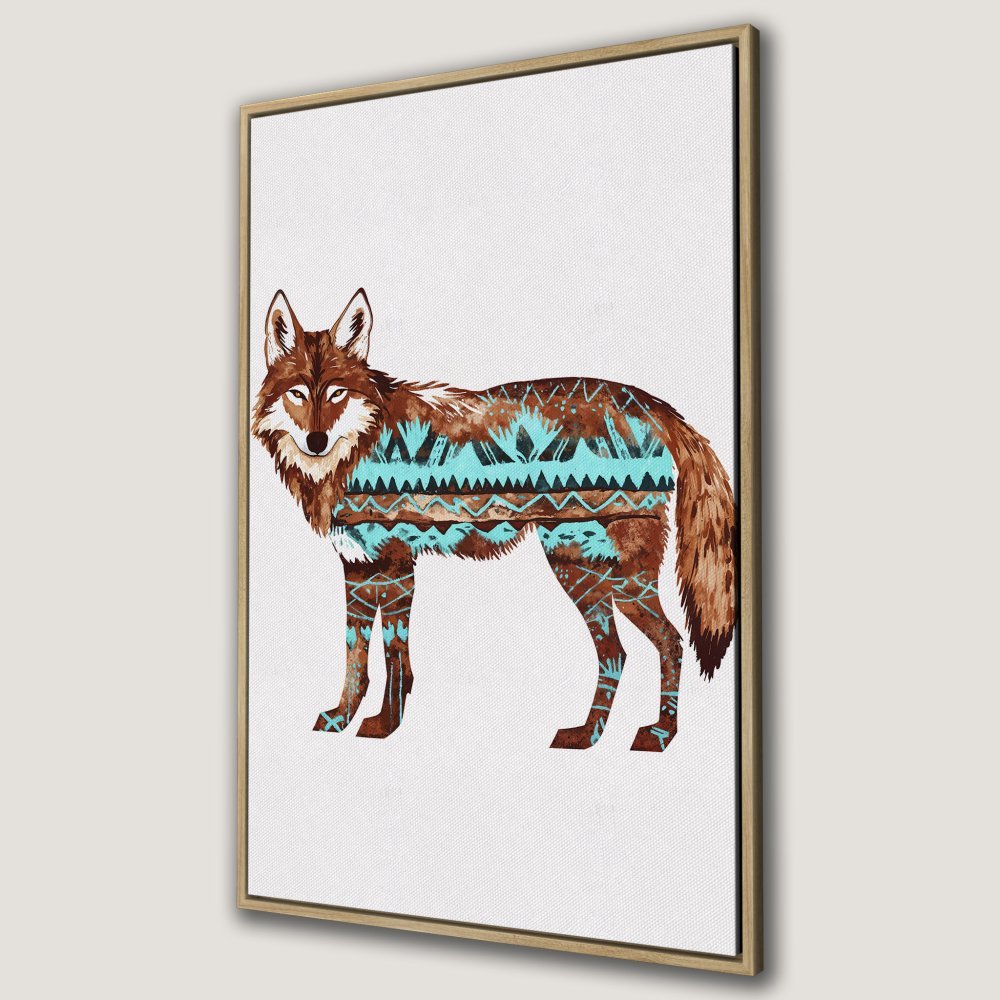Framed Wall Art: Watercolor wolf with tribal patterns in brown and turquoise. Stylish canvas print for rustic home decor.