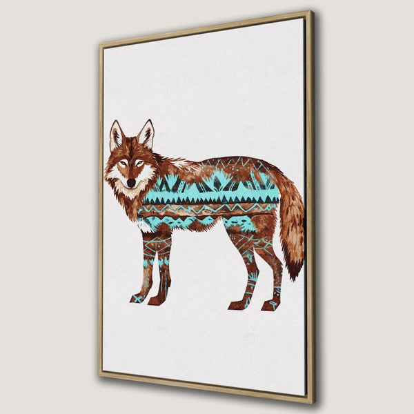 Framed Wall Art: Watercolor wolf with tribal patterns in brown and turquoise. Stylish canvas print for rustic home decor.