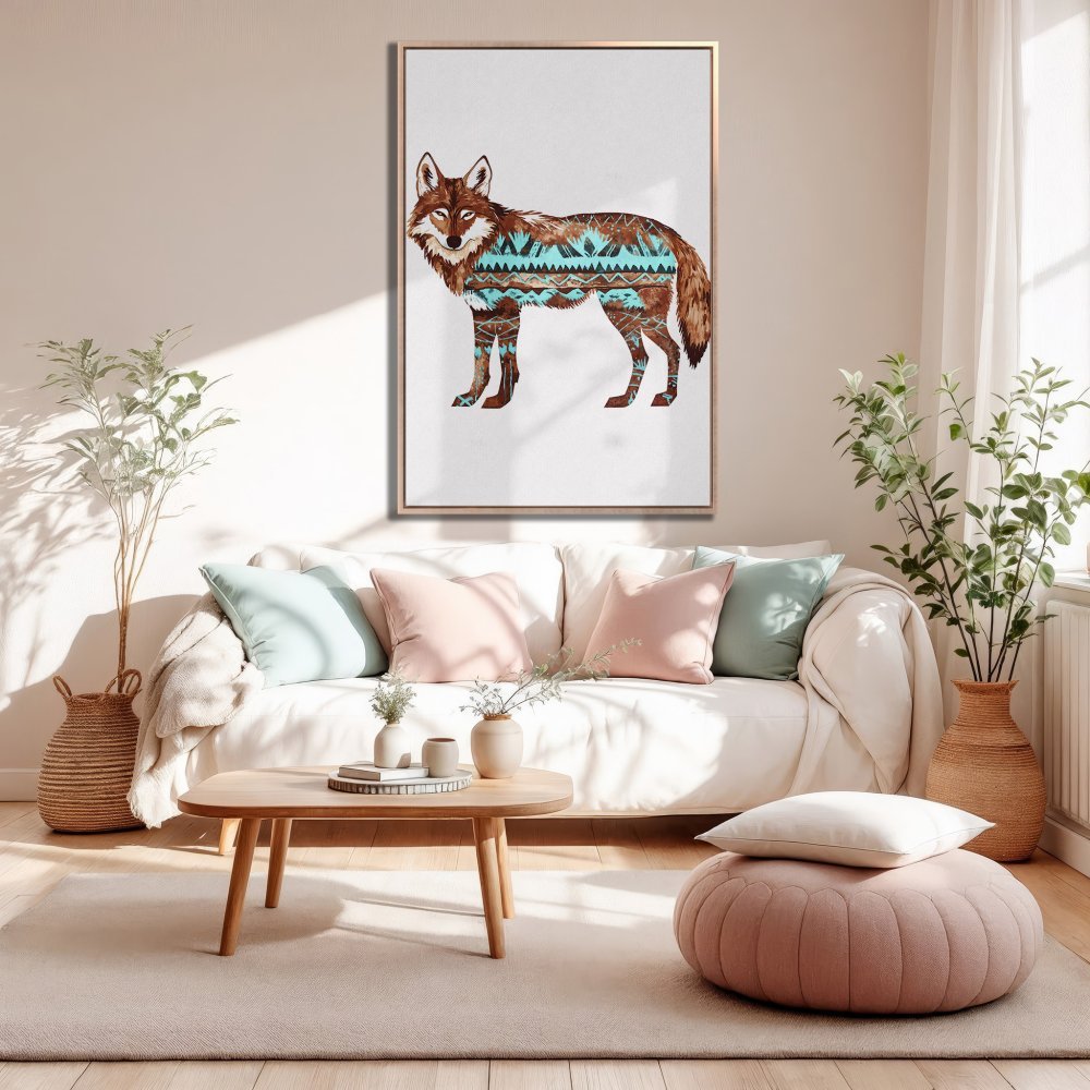 Framed Wall Art: Southwestern-style wolf print in brown, turquoise, and white. Perfect for adding a touch of nature to your home decor.