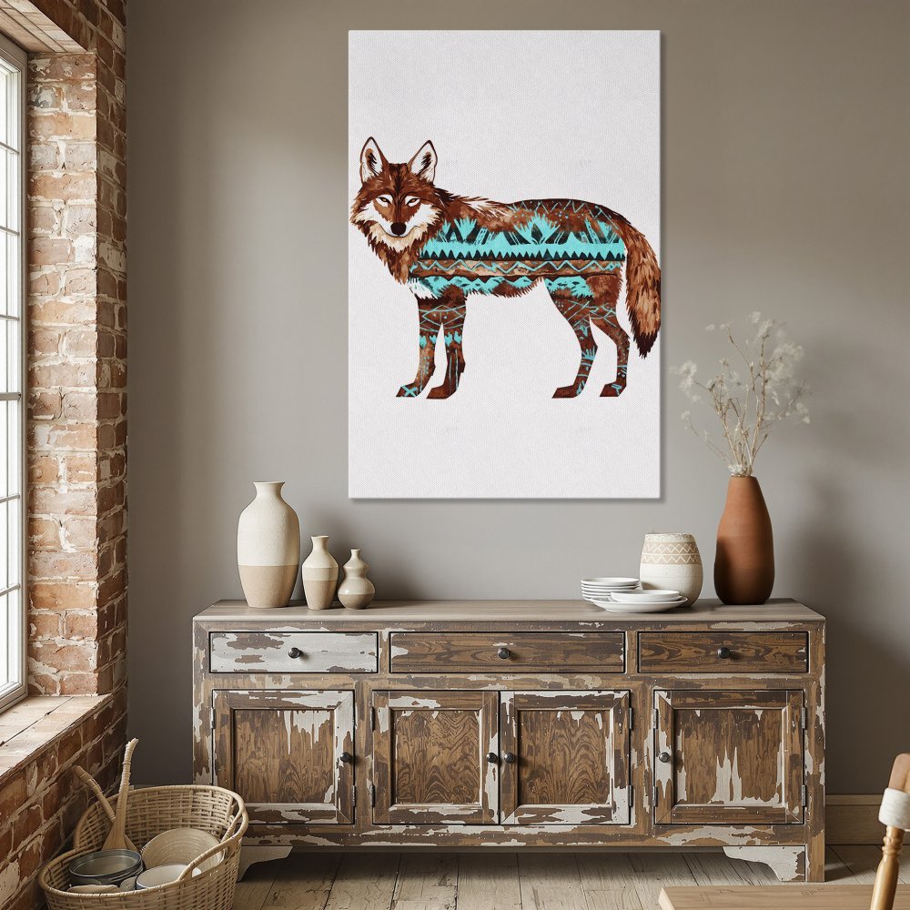 Framed Wall Art: Tribal wolf canvas print in brown and turquoise, perfect for rustic home decor. Shop now!