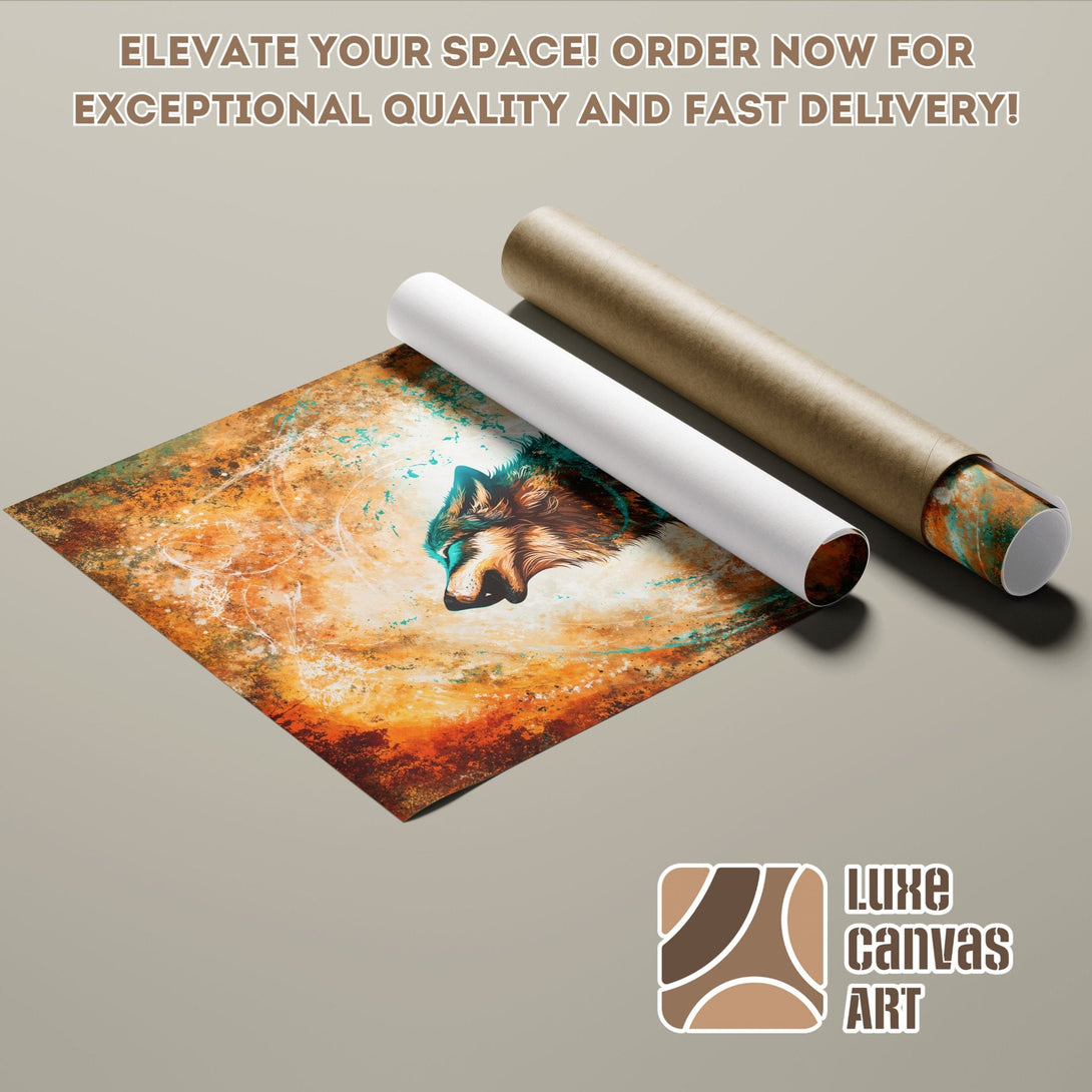 Poster Roll featuring a wolf art print in warm earth tones. Elevate your space with this stunning, high-quality poster.