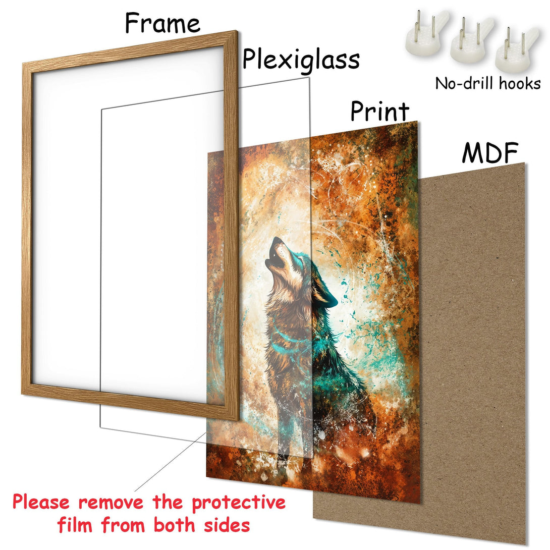 Framed Poster featuring a wolf in warm tones. Artistic style with orange, teal, and brown color palette. Perfect wall art for any space!