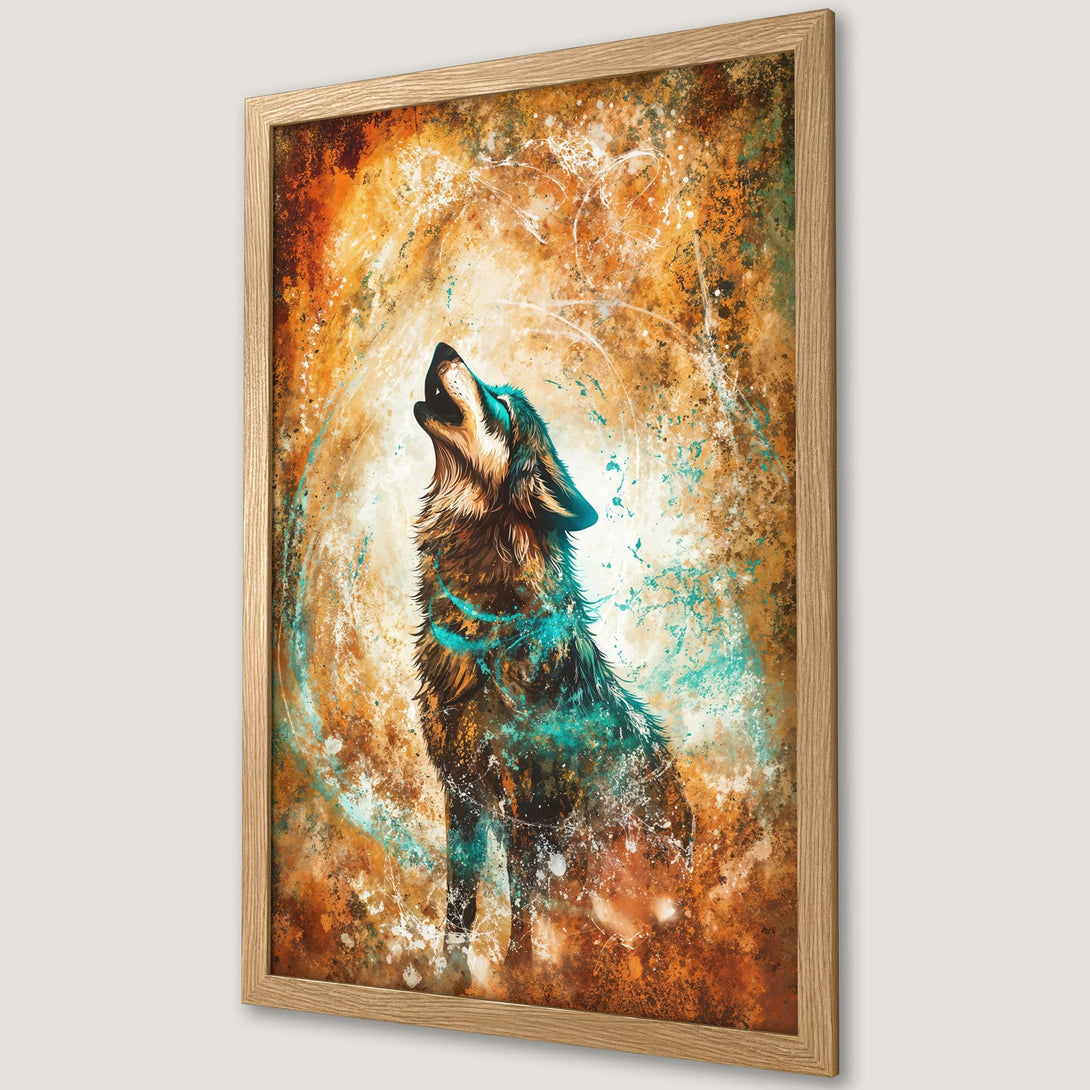 Framed Poster featuring a howling wolf in an abstract style with warm orange, brown, and teal color palette. Add a touch of wilderness to your space!