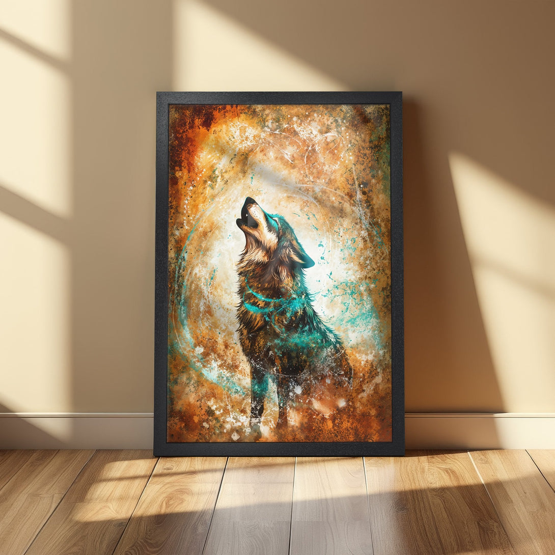 Framed Poster featuring a howling wolf in a vibrant, abstract style with an earthy orange and teal color palette. Perfect wall art!